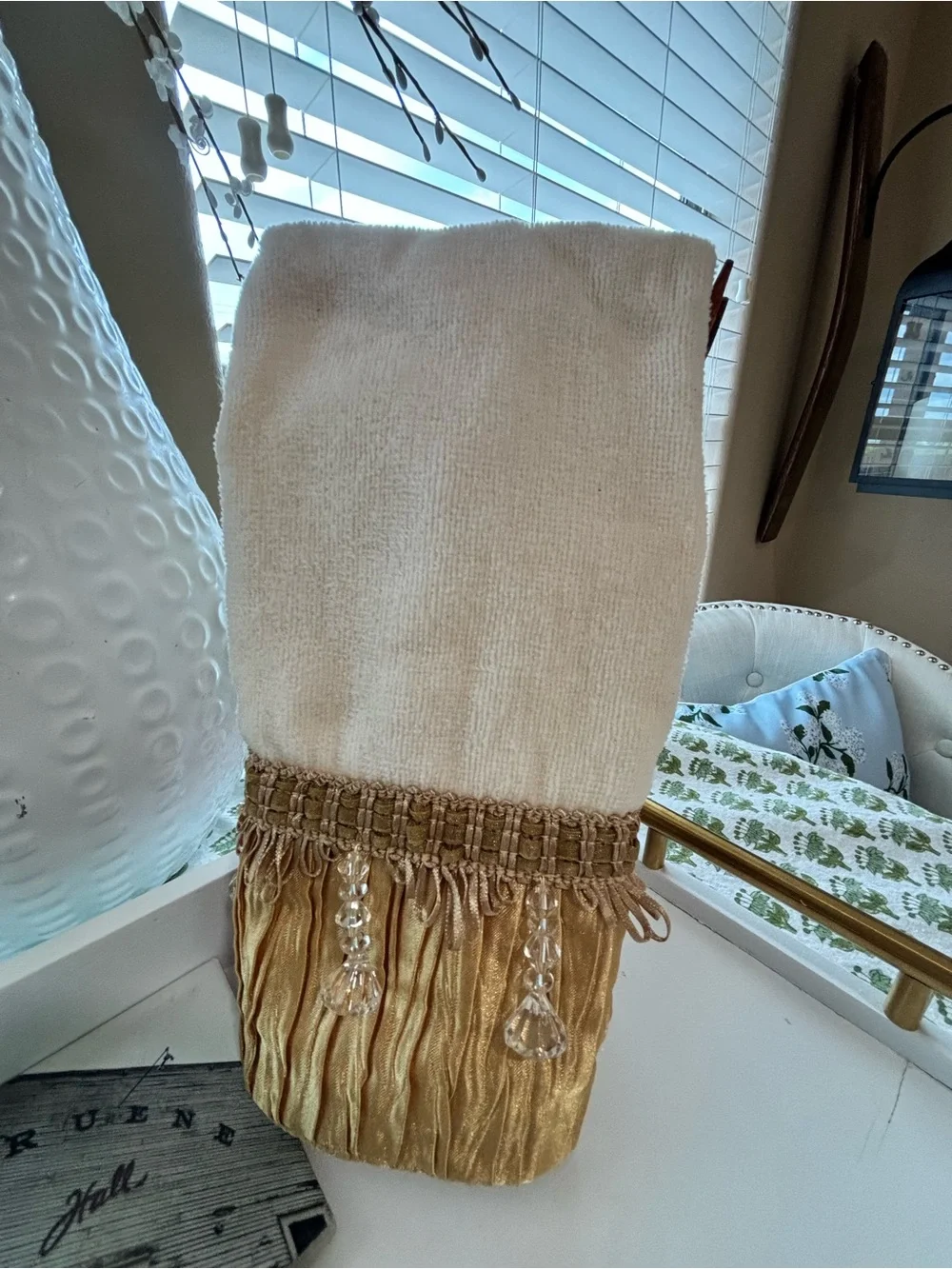 Croscill Home Embellished Hand Towel - Cream & Gold Pleated Satin Beaded Fringe